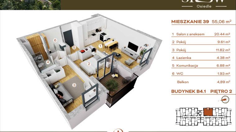 Rzut - Mieszkanie na sprzedaż 3 pokoje o powierzchni 55,06 m² - numer M39 w Osiedle SLOW