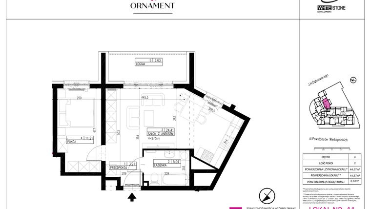 Rzut - Mieszkanie na sprzedaż 2 pokoje o powierzchni 44,57 m² - numer 44 w Ornament