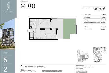 Rzut - Mieszkanie na sprzedaż 2 pokoje o powierzchni 34,75 m² - numer M80 w Sky Trust etap II