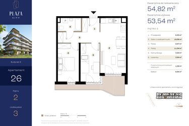 Rzut - Mieszkanie na sprzedaż 3 pokoje o powierzchni 54,82 m² - numer B6M26 w Plaza City