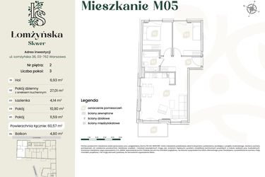 Rzut - Mieszkanie na sprzedaż 3 pokoje o powierzchni 60,57 m² - numer 5 w Łomżyńska Skwer