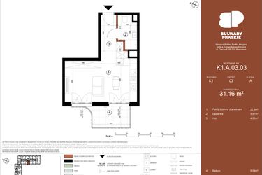 Rzut - Mieszkanie na sprzedaż 1 pokój o powierzchni 31,17 m² - numer K1.A.03.03 w Bulwary Praskie etap K i L