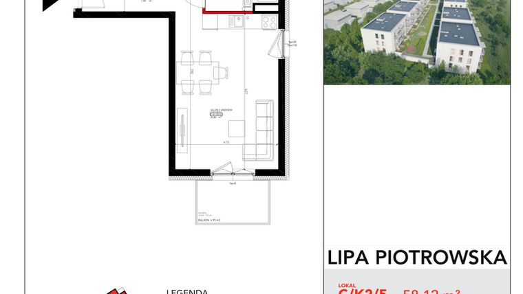 Rzut - Mieszkanie na sprzedaż 3 pokoje o powierzchni 58,12 m² - numer C/2/5 w Lipa Piotrowska