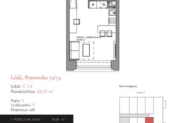 Rzut - Mieszkanie na sprzedaż 1 pokój o powierzchni 26,51 m² - numer C 1.6 w Melody Loft