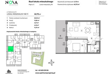 Rzut - Mieszkanie na sprzedaż 2 pokoje o powierzchni 42,72 m² - numer 11 w Nova Radiostacja