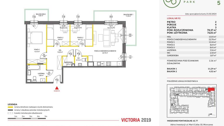 Rzut - Mieszkanie na sprzedaż 4 pokoje o powierzchni 78,29 m² - numer 92 w Olchowy Park V
