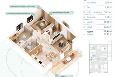 Rzut - Mieszkanie na sprzedaż 3 pokoje o powierzchni 68,46 m² - numer B.1.2 w Enklawa