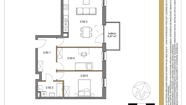 Rzut - Mieszkanie na sprzedaż 3 pokoje o powierzchni 69,76 m² - numer 92 w Osiedle Sfera etap II