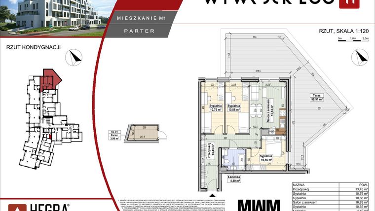 Rzut - Mieszkanie na sprzedaż 4 pokoje o powierzchni 66,85 m² - numer M1 w Apartamenty Wywrockiego 11
