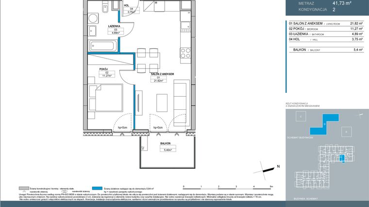 Rzut - Mieszkanie na sprzedaż 2 pokoje o powierzchni 41,74 m² - numer D2.2.10 w Nordic Bemowo - etap IV