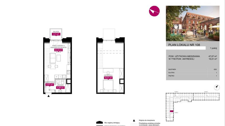 Rzut - Mieszkanie na sprzedaż 1 pokój o powierzchni 47,07 m² - numer G2.108 w Fuzja Lofty