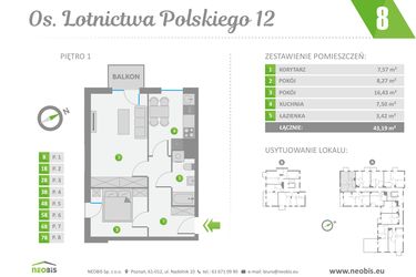 Rzut - Mieszkanie na sprzedaż 2 pokoje o powierzchni 43,19 m² - numer 8 w Os. Lotnictwa Polskiego 12