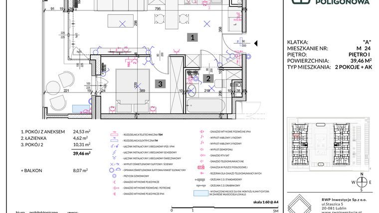Rzut - Mieszkanie na sprzedaż 2 pokoje o powierzchni 39,46 m² - numer 24 w Apartamenty Poligonowa etap 5