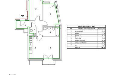 Rzut - Mieszkanie na sprzedaż 3 pokoje o powierzchni 60,52 m² - numer 7 w Nowa Pszczelna