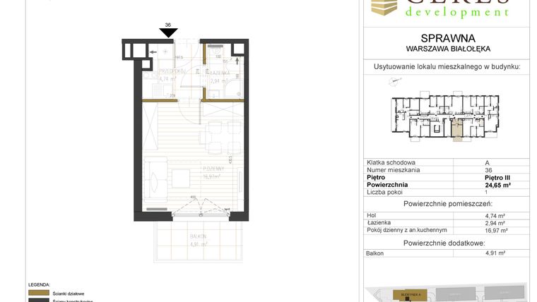 Rzut - Mieszkanie na sprzedaż 1 pokój o powierzchni 24,65 m² - numer A36 w Osiedle Sprawna