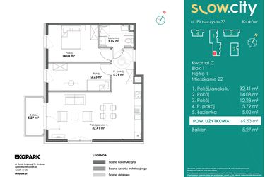 Rzut - Mieszkanie na sprzedaż 3 pokoje o powierzchni 69,53 m² - numer C1-22 w Slow City
