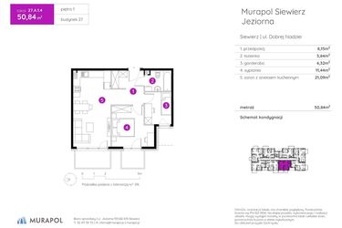 Rzut - Mieszkanie na sprzedaż 2 pokoje o powierzchni 50,84 m² - numer 27.A.1.4 w Murapol Siewierz Jeziorna bud. 27 i 28