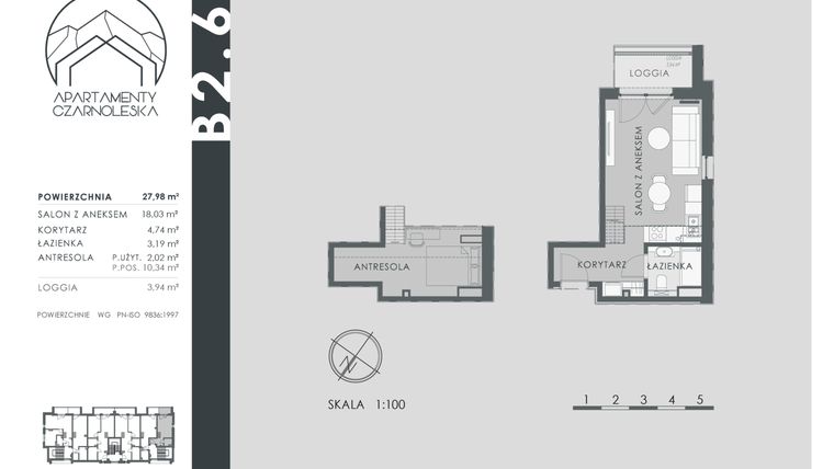 Rzut - Mieszkanie na sprzedaż 1 pokój o powierzchni 27,98 m² - numer B2.6 w Apartamenty Czarnoleska