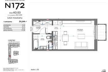Rzut - Mieszkanie na sprzedaż 1 pokój o powierzchni 31,64 m² - numer A3.03 w Naramowicka 172