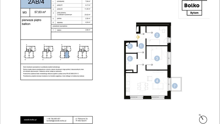 Rzut - Mieszkanie na sprzedaż 3 pokoje o powierzchni 57,63 m² - numer 2AB/4 w Osiedle Bolko etap II