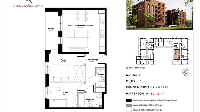 Rzut - Mieszkanie na sprzedaż 3 pokoje o powierzchni 57,48 m² - numer B-01-06 w Siedlecka Residence