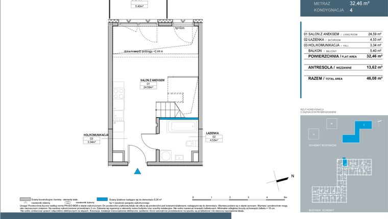 Rzut - Mieszkanie na sprzedaż 2 pokoje o powierzchni 46,33 m² - numer L2.4.04 w Nordic Bemowo - etap III