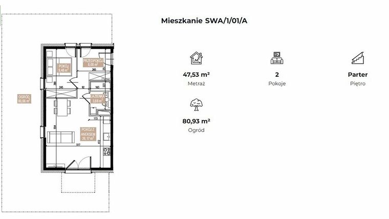 Rzut - Mieszkanie na sprzedaż 2 pokoje o powierzchni 47,53 m² - numer SWA/1/01/A w Apartamenty Świeradowska