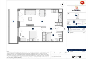 Rzut - Mieszkanie na sprzedaż 2 pokoje o powierzchni 46,74 m² - numer B.16 w Osiedle przy Malborskiej II