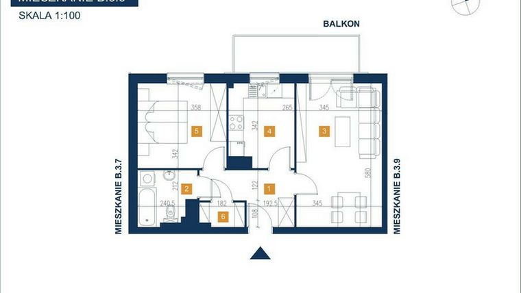 Rzut - Mieszkanie na sprzedaż 2 pokoje o powierzchni 53,55 m² - numer B.3.8 w EcoVista