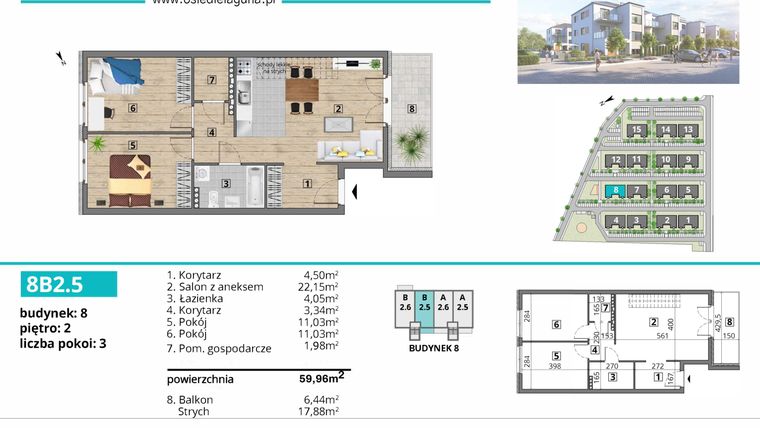 Rzut - Mieszkanie na sprzedaż 3 pokoje o powierzchni 59,96 m² - numer 8B2.5 w Osiedle Laguna