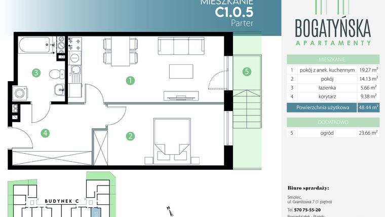 Rzut - Mieszkanie na sprzedaż 2 pokoje o powierzchni 48,44 m² - numer C1.0.5 w Bogatyńska Apartamenty etap 3