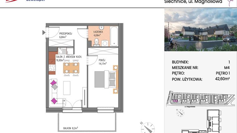 Rzut - Mieszkanie na sprzedaż 2 pokoje o powierzchni 42,6 m² - numer Bud.1-4 w Willa Magnolia