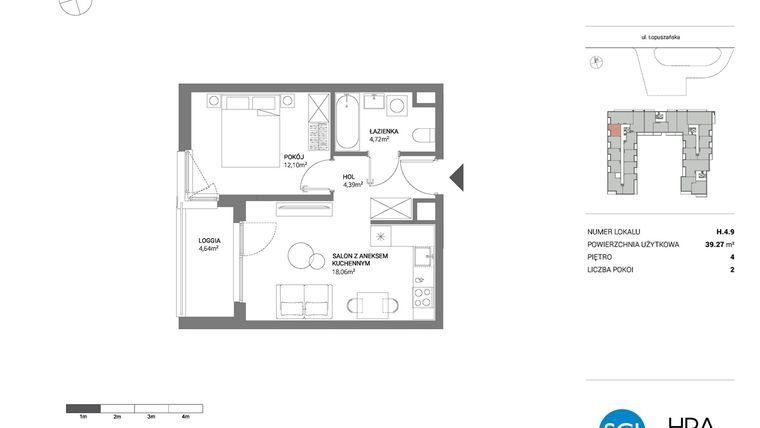 Rzut - Mieszkanie na sprzedaż 2 pokoje o powierzchni 39,27 m² - numer H.4.9 w Łopuszańska 47 - etap 3