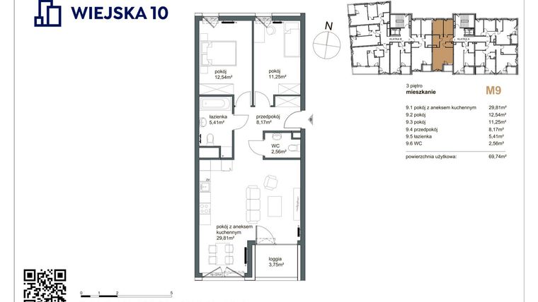 Rzut - Mieszkanie na sprzedaż 3 pokoje o powierzchni 69,74 m² - numer 9 w Wiejska 10