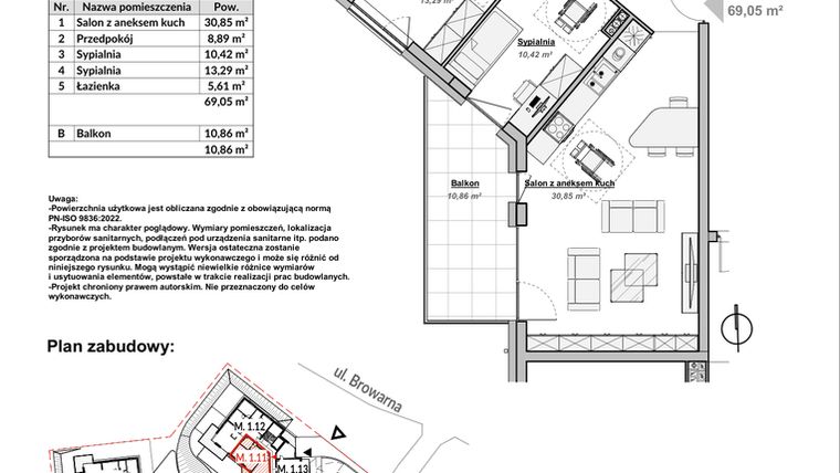Rzut - Mieszkanie na sprzedaż 3 pokoje o powierzchni 69,05 m² - numer M1.11 w Bulwary Apartamenty
