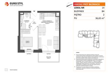 Rzut - Mieszkanie na sprzedaż 2 pokoje o powierzchni 36,65 m² - numer B4.14 w Osiedle Przy Błoniach 3 etap III