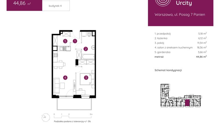 Rzut - Mieszkanie na sprzedaż 2 pokoje o powierzchni 44,86 m² - numer 4.A.1.04 w Murapol Urcity