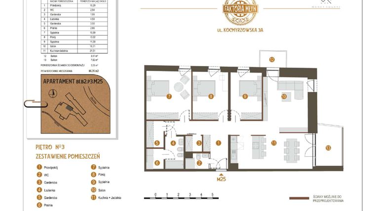 Rzut - Mieszkanie na sprzedaż 4 pokoje o powierzchni 116,35 m² - numer B1.B2.P3.M25 w Faktoria Młyn