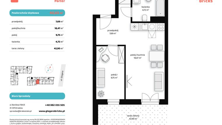 Rzut - Mieszkanie na sprzedaż 2 pokoje o powierzchni 40,63 m² - numer M II.0.1 w Glogera Bricks
