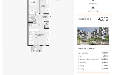 Rzut - Mieszkanie na sprzedaż 3 pokoje o powierzchni 65,49 m² - numer A3.13 w Enklawa Bukowa