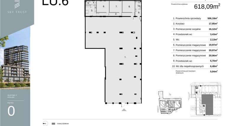 Rzut - Lokal użytkowy na sprzedaż 1 pokój o powierzchni 623,13 m² - numer LU6 w Sky Trust etap II