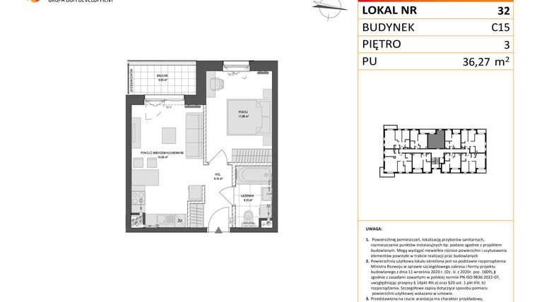 Rzut - Mieszkanie na sprzedaż 2 pokoje o powierzchni 36,27 m² - numer C15.32 w Konstelacja etap VI