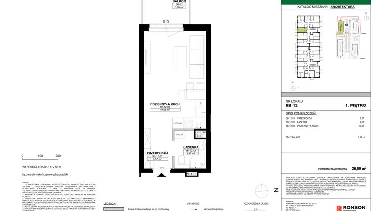 Rzut - Mieszkanie na sprzedaż 1 pokój o powierzchni 26,09 m² - numer 5B-12 w Nowa Północ etap 2A