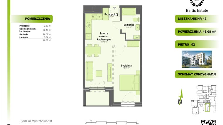 Rzut - Mieszkanie na sprzedaż 2 pokoje o powierzchni 46,08 m² - numer 02.M.42 w Dom Architekta