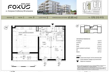 Rzut - Mieszkanie na sprzedaż 3 pokoje o powierzchni 65,85 m² - numer B2-9 w Fokus Bielany