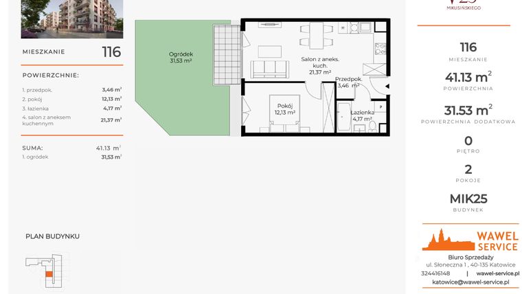 Rzut - Mieszkanie na sprzedaż 2 pokoje o powierzchni 41,13 m² - numer 116 w Mikusińskiego 25