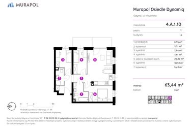 Rzut - Mieszkanie na sprzedaż 4 pokoje o powierzchni 63,44 m² - numer 4.A.1.10 w Murapol Osiedle Dynamiq