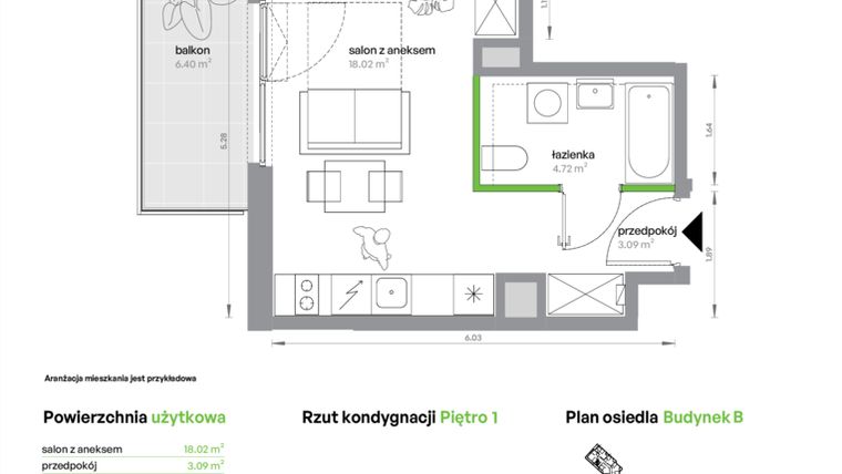 Rzut - Mieszkanie na sprzedaż 1 pokój o powierzchni 25,83 m² - numer BA0105/4 w M Bemowo