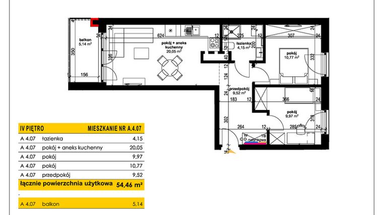Rzut - Mieszkanie na sprzedaż 3 pokoje o powierzchni 54,46 m² - numer A 4.07 w Park Moniuszki II C