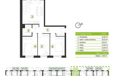 Rzut - Mieszkanie na sprzedaż 4 pokoje o powierzchni 76,06 m² - numer 1K4 M7 w Osiedle Krzeptów przy lesie